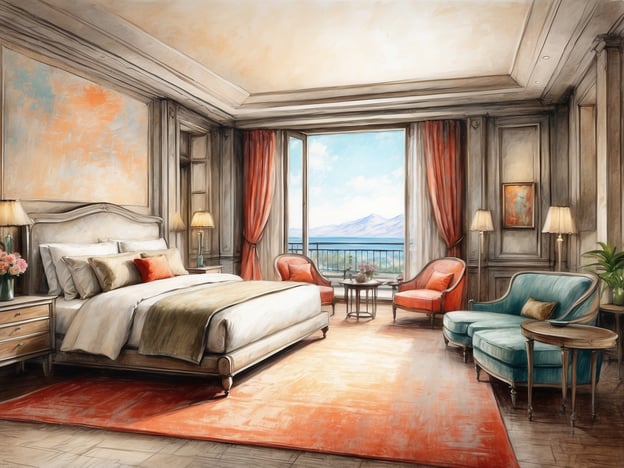 Auf dem Bild ist ein stilvolles Schlafzimmer zu sehen. Der Raum ist hell und elegant eingerichtet.
Die Ausstattung umfasst ein großes, bequemes Bett mit mehreren Kissen und einer dekorativen Bettdecke. Neben dem Bett steht ein Nachttisch mit einer Lampe. Auf der gegenüberliegenden Seite befinden sich zwei gemütliche Sessel in Rot und Blau, die um einen kleinen Tisch gruppiert sind.
Vor dem Fenster, das einen schönen Blick auf die Landschaft bietet, hängen Vorhänge in einem warmen Farbton. Der Boden ist mit einem eleganten Teppich in warmen Farben bedeckt, und in einer Ecke steht eine Pflanze, die dem Raum zusätzliche Frische verleiht. Die Wände sind geschmackvoll dekoriert, was dem gesamten Ambiente eine luxuriöse Note verleiht.