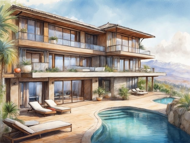 Auf dem Bild ist eine moderne Villa zu sehen, die eine stilvolle Architektur aufweist. Die Villa verfügt über große Fenster, die einen herrlichen Blick auf die Umgebung ermöglichen. Zu den Annehmlichkeiten gehören:
- Ein luxuriöser Außenpool, der ideal zum Entspannen ist.
- Bequeme Liegen auf der Terrasse, die sich perfekt für Sonnenbäder eignen.
- Eine großzügige Terrassenfläche, die zum Verweilen und Genießen der Natur einlädt.
- Ein schöner Garten mit tropischen Pflanzen, der zur Atmosphäre beiträgt.
Diese Eigenschaften machen die Villa zu einem idealen Ort für Erholung und Freizeitaktivitäten.