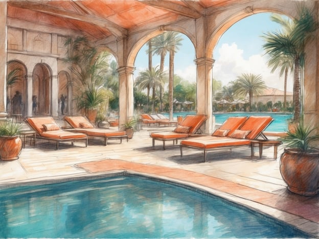 Auf dem Bild ist ein eleganter Außenbereich eines Hotels zu sehen, der von Palmen und Sonnenschirmen umgeben ist. Es gibt bequeme Liegen mit orangen Kissen, die einladend zum Entspannen einladen.Aktivitäten, die man dort genießen kann, sind zum Beispiel:- Entspannen am Pool oder auf der Liegewiese.- Schwimmen im Pool oder einfach nur planschen.- Cocktails oder Erfrischungen an der Poolbar genießen.- Lesen oder Sonnenbaden auf den Liegen.- Spaziergänge im schönen Außenbereich des Hotels oder in der Umgebung, um die Natur zu erkunden.Dieser Ort bietet ein ideales Ambiente für Erholung und Freizeitaktivitäten.