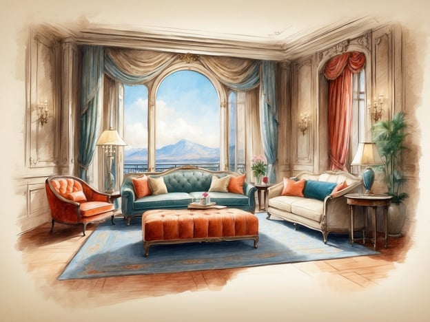 Auf dem Bild ist ein elegantes Wohnzimmer zu sehen. Die Ausstattung umfasst eine stilvolle Sofalandschaft mit Kissen in verschiedenen Farben, darunter ein größeres Sofa und ein ottomanähnlicher Hocker. Es gibt auch einen bequemen Sessel in einem warmen Orange. Die Wände sind mit schönen Stoffen verhangen, und große Fenster bieten einen herrlichen Blick auf die Landschaft.
Zusätzlich sind Pflanzen und dekorative Lampen vorhanden, die eine einladende Atmosphäre schaffen. Der Boden ist mit einem kunstvollen Teppich bedeckt, der dem Raum Farbe und Struktur verleiht. Die Annehmlichkeiten und das Design lassen auf einen luxuriösen Wohnstil schließen.