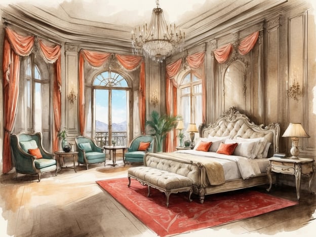 Auf dem Bild ist ein elegantes Schlafzimmer zu sehen, das durch eine luxuriöse Einrichtung besticht. Die Serviceleistungen und Annehmlichkeiten könnten Folgendes umfassen:
- **Komfortable Möbel**: Ein opulentes Bett mit weichen Kissen und einer ansprechenden Bettwäsche.
- **Wohnecke**: Gemütliche Sessel und ein Tisch, ideal für entspannte Stunden.
- **Fenster mit Aussicht**: Große Fenster, die viel Tageslicht hereinlassen und einen herrlichen Ausblick bieten.
- **Dekorative Elemente**: Elegante Vorhänge und stilvolle Lampen tragen zur gehobenen Atmosphäre bei.
- **Teppich**: Ein geschmackvoller Teppich, der den Raum zusätzlich wärmt und verschönert.
Insgesamt vermittelt das Bild ein Gefühl von Luxus und Komfort.