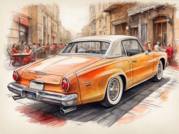 Auf dem Bild ist ein klassisches, orangefarbenes Auto zu sehen, das in einer Stadtstraße geparkt ist. Im Hintergrund ist eine Außenbestuhlung eines Restaurants oder Cafés zu erkennen, wo Menschen in eleganter Kleidung, hauptsächlich in Rot, am Tisch sitzen und essen oder Getränke genießen.Kulinarische Erlebnisse im Hotel könnten sich hier um ein ähnlich gemütliches Ambiente drehen, in dem Gäste exquisite Speisen und Getränke unter freiem Himmel genießen können, umgeben von einer angenehmen Atmosphäre. Solch ein Setting lädt dazu ein, regionale Spezialitäten bei einem entspannten Abendessen zu probieren oder sogar an kulinarischen Veranstaltungen des Hotels teilzunehmen, die oft die lokalen Geschmäcker hervorheben.