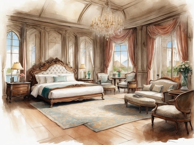 Auf dem Bild ist ein luxuriöses Schlafzimmer zu sehen, das elegante Annehmlichkeiten bietet. Es gibt ein großes, opulentes Bett mit einem geschwungenen Kopfteil und weichen Kissen. Neben dem Bett stehen stilvolle Nachttische mit Tischlampen, die eine gemütliche Atmosphäre schaffen.
Der Raum hat große Fenster mit blickdichten Vorhängen, die viel Tageslicht hereinlassen und eine schöne Aussicht bieten. Die Einrichtung umfasst auch eine gemütliche Sitzgruppe mit bequemen Stühlen und einem Sofa, das zum Entspannen einlädt.
Insgesamt vermittelt der Raum ein Gefühl von Eleganz und Komfort, ideal für einen luxuriösen Aufenthalt. Der stilvolle Teppich und die dekorativen Blumenarrangements unterstreichen zusätzlich den hohen Standard der Einrichtung.