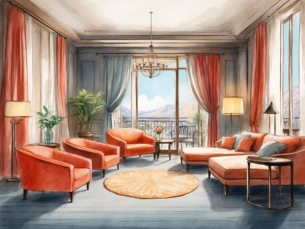 Auf dem Bild ist eine stilvolle und einladende Lounge oder ein Wohnzimmer zu sehen. Es gibt einige orangene Sessel und eine orangefarbene Lounge, die in einem eleganten Raum mit großen Fenstern stehen. Die Fenster lassen viel Licht herein und bieten einen Blick auf eine Landschaft.
Das Leonardo Hotel Antwerp the Plaza bietet eine Kombination aus modernem Komfort und klassischem Design. Es lädt Gäste dazu ein, sich entspannen und die wohltuende Atmosphäre genießen zu können, während verschiedene Annehmlichkeiten und ein herausragender Service zur Verfügung stehen.