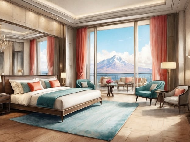 Auf dem Bild ist ein luxuriöses Zimmer zu sehen, das eine komfortable Schlafzimmer-Suite darstellt. Der Raum ist hell und elegant eingerichtet, mit einem großen Bett, das mit Kissen in sanften Farben dekoriert ist. Neben dem Bett gibt es Nachttische mit Lampen.
Die großen Fenster bieten einen beeindruckenden Blick auf eine Berglandschaft und lassen viel Tageslicht herein. In der Ecke des Zimmers stehen bequeme Sitzgelegenheiten mit einem kleinen Tisch. Der Boden ist mit einem Teppich in einer harmonischen Farbe ausgelegt. Die Raumgestaltung vermittelt eine entspannte und elegante Atmosphäre.