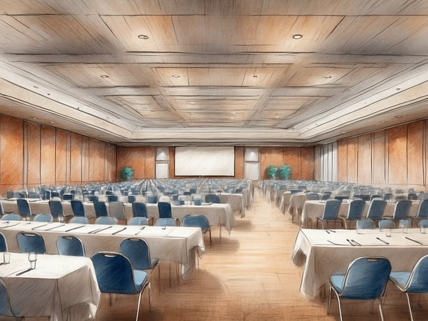 Auf dem Bild ist ein großer Veranstaltungsraum zu sehen, der für Tagungen und Konferenzen gestaltet ist. Der Raum ist mit mehreren Tischen und Stühlen ausgestattet, die eine Anzahl von Teilnehmern aufnehmen können. An der Vorderseite des Raumes befindet sich eine Leinwand oder ein Präsentationsbereich, was auf die Möglichkeit hinweist, Vorträge oder Präsentationen abzuhalten. Die Einrichtung vermittelt eine elegante Atmosphäre, die für geschäftliche Veranstaltungen geeignet ist. Grünes Pflanzenarrangement sorgt für eine angenehme Umgebung.