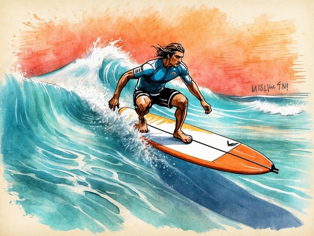Auf dem Bild ist ein Surfer zu sehen, der auf einer Welle reitet. Er trägt ein Rashguard und ist auf einem Surfbrett inmitten einer Welle platziert.Der Unterschied zwischen Wellenreiten und Surfen liegt oft in der Terminologie. In Deutschland wird der Begriff "Wellenreiten" häufig verwendet, um die allgemeine Aktivität des Surfens zu beschreiben, während "Surfen" sich speziell auf das Fahren auf Wellen bezieht. Zudem kann "Wellenreiten" eine breitere Palette an Aktivitäten umfassen, während "Surfen" oft mit einem bestimmten Sport, insbesondere dem Surfen auf einem Board, assoziiert wird.