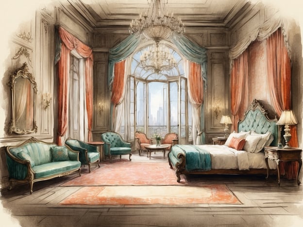 Das Bild zeigt ein elegantes Hotelzimmer, das mit opulenten Möbeln und stilvollen Dekorationen ausgestattet ist. Die Farbpalette aus sanften Türkis- und Orangetönen, gepaart mit einem großen Kronleuchter und großen Fenstern, lässt an den Charme historischer Luxushotels denken.
Das NYX Esperia Palace Hotel könnte eine ähnliche Atmosphäre ausstrahlen: Es ist bekannt für seine exquisite Architektur und seinen erstklassigen Service. Die Geschichte des Hotels zeugt von seinem kulturellen Erbe und seiner Entwicklung im Laufe der Jahre. Früher ein Wahrzeichen, hat das Hotel viele berühmte Persönlichkeiten beherbergt und ist ein beliebter Ort für Reisende, die Luxus und Komfort suchen.
Die Detailverliebtheit im Raum, von der Einrichtung bis zu den dekorativen Elementen, spiegelt die Eleganz wider, die man in einem solchen Hotel erwarten würde. Der Blick aus dem Fenster könnte zudem auf die lebhafte Umgebung eines urbanen Zentrums hinweisen, was typisch für das Erlebnis im Esperia Palace ist.