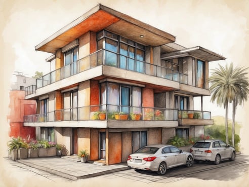Eine moderne, mehrstöckige Gebäudefassade des Casa Andina Standard Benavides in Miraflores, Lima, mit großen Fenstern und gläsernen Balkonen. Der Eingang ist von Pflanzen in Töpfen umgeben. Auf der rechten Seite parken zwei graue Autos. Im Hintergrund sind Palmen sichtbar, was eine tropische Atmosphäre schafft. Die Farbgebung ist warm, mit Akzenten in Orange und Beige.