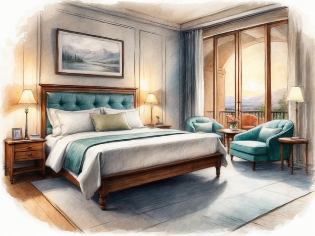 Auf dem Bild ist ein elegantes Schlafzimmer zu sehen. Die Ausstattung umfasst:
- Ein großes, bequemes Bett mit einer schlichten, gepolsterten Kopfteil in Türkis.
- Zwei Nachttische auf beiden Seiten des Bettes, einer mit einer Lampe.
- Eine gemütliche Sitzecke mit zwei türkisfarbenen Sesseln und einem kleinen Tisch, auf dem eine Blumenvase steht.
- Große Fenster, die einen Ausblick auf eine schöne Landschaft bieten, vermutlich bei Sonnenuntergang.
- Ein weicher Teppich auf dem Holzboden, der dem Raum eine warme Note verleiht.
Die Farbpalette ist beruhigend und vermittelt eine entspannte Atmosphäre.