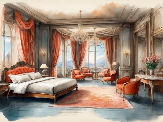 Auf dem Bild ist ein elegantes Schlafzimmer mit exquisiten Möbeln und einer luxuriösen Ausstattung zu sehen. Die hohen Fenster bieten einen atemberaubenden Blick auf die Landschaft, während opulente Vorhänge in warmen Rottönen den Raum umrahmen.
Das Bett hat ein kunstvoll gestaltetes Kopfteil aus Holz, das den klassischen Stil unterstreicht. Um das Bett herum stehen gemütliche Sessel in der gleichen Farbgebung, die einladend wirken. Ein stilvoller Tisch mit einer Tischlampe und frischen Blumen sorgt für eine angenehme Atmosphäre. Der kunstvolle Kronleuchter an der Decke fügt dem Raum eine weitere Dimension des Luxus hinzu.
Diese Einrichtung strahlt ein Gefühl von Eleganz und Komfort aus, ideal für entspannende Momente in einem einzigartigen Ambiente.