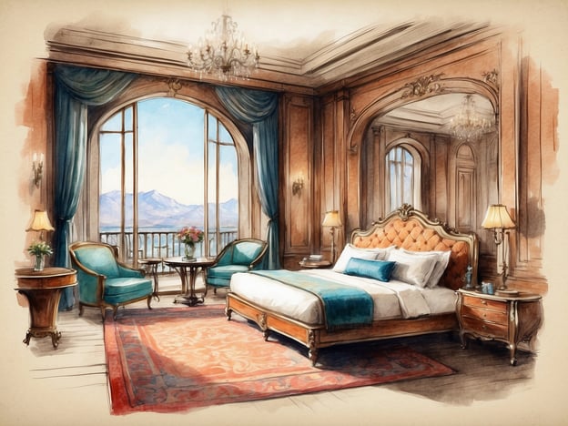 Auf dem Bild ist ein elegantes Hotelzimmer zu sehen, das eine luxuriöse Atmosphäre ausstrahlt. Es ist mit hochwertigen Möbeln und dekorativen Elementen ausgestattet. Der Raum hat große Fenster, die einen Blick auf die Berge ermöglichen, während dicke Vorhänge und ein prächtiger Kronleuchter für eine opulente Stimmung sorgen. Das Bett ist großzügig und geschmackvoll mit hellen Farben dekoriert.Im Überblick über das Leonardo Royal Hotel könnte man sagen, dass es für seine stilvollen Zimmer und exzellenten Annehmlichkeiten bekannt ist, die eine entspannende und komfortable Erfahrung bieten. Solche Zimmer sind typisch für Design und Pflege, die Gäste in einem erstklassigen Hotel erwarten können.