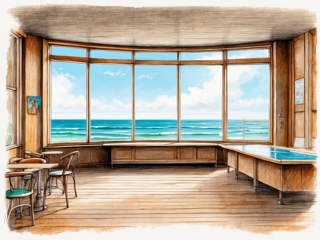 Auf dem Bild ist eine einladende Innenansicht zu sehen, die große Fenster mit Blick auf das Meer zeigt. Die Szene vermittelt das Gefühl eines ruhigen Küstenortes.**Sehenswürdigkeiten und Aktivitäten, die damit verbunden sein könnten:**1. **Strandbesuch**: Der Ausblick auf das Meer lädt dazu ein, den nahegelegenen Strand zu besuchen und dort Zeit mit Schwimmen, Sonnenbaden oder Strandspaziergängen zu verbringen.2. **Café oder Restaurant**: Die Tische und Stühle im Innenraum lassen vermuten, dass es sich um ein Café oder ein Restaurant handelt, in dem man lokale Spezialitäten genießen kann.3. **Wassersport**: Die Wellen könnten Wassersportaktivitäten wie Surfen oder Kajakfahren anregen, die in der Umgebung angeboten werden.4. **Kunst und Kultur**: Das Bild an der Wand deutet darauf hin, dass es möglicherweise auch lokale Kunst oder kulturelle Veranstaltungen gibt, die besucht werden können.5. **Naturerkundung**: Die malerische Landschaft bietet idealen Ausgangspunkt für Wanderungen oder Erkundungstouren entlang der Küste.