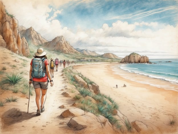 Auf dem Bild ist eine wunderschöne Landschaft zu sehen, die perfekt für Freizeitaktivitäten ist. Eine Gruppe von Wanderern geht auf einem Pfad entlang der Küste, umgeben von Bergen und einer malerischen Strandlandschaft. Die Menschen scheinen die Natur zu genießen, während sie die Aussicht auf das Meer und die Felsen beobachten.
Die Strandaktivitäten sind ebenfalls sichtbar, da einige Personen am Strand sitzen und relaxen. Diese Szene vermittelt ein Gefühl von Abenteuer und Erholung in der Natur, ideal für Wanderungen und Strandbesuche. Die Kombination aus Berglandschaft und Küste macht diesen Ort zu einem attraktiven Ziel für Outdoor-Aktivitäten.