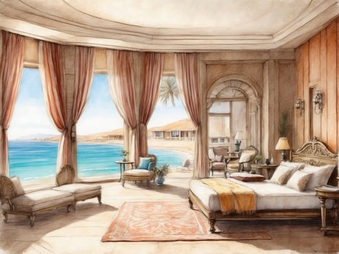 Ein elegantes Hotelzimmer im Casa Andina Select Paracas mit großen Fenstern, die den Blick auf das Meer freigeben. Der Raum ist geschmackvoll eingerichtet mit einem komfortablen Bett, einem gemütlichen Sitzbereich und einem kleinen Tisch. Sanfte Farben und warme Lichtverhältnisse schaffen eine einladende Atmosphäre. Vor dem Fenster sind Palmen und ein sandiger Strand sichtbar, was die entspannende Umgebung unterstreicht.