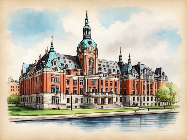 Das Bild zeigt ein historisches Gebäude mit einer beeindruckenden Architektur, das mit roten Backsteinen und grauen Steinelementen gebaut ist. Es besitzt einen markanten Turm mit einer Uhr an der Fassade sowie spitze Dächer und dekorative Details. Vor dem Gebäude verläuft ein ruhiges Gewässer, und im Vordergrund sind grüne Bäume zu sehen. Menschen sind auf der Treppe vor dem Eingang und am Wasser sichtbar, was dem Bild Leben und Dynamik verleiht. Der Himmel ist leicht bewölkt und verleiht der Szenerie eine gedämpfte, aber freundliche Atmosphäre.