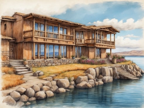 Das Bild zeigt das Casa Andina Premium Puno, ein stilvolles Holzgebäude direkt am Ufer eines Gewässers. Die Architektur vereint traditionelle und moderne Elemente, mit großen Fenstern, die einen Blick auf die Umgebung bieten. Eine helle Terrasse mit Pflanzen und Steinmauern umgibt das Gebäude, und mehrere Steintreppen führen hinunter zum Wasser. Im Hintergrund erstrecken sich sanfte Hügel und ein klarer blauer Himmel mit einigen Wolken.