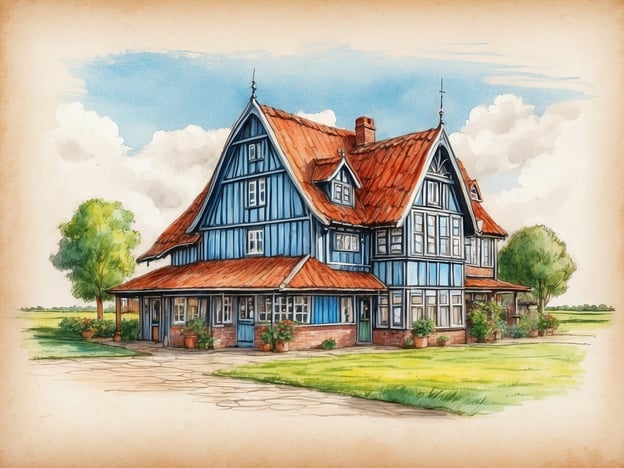 Auf dem Bild ist ein traditionelles, großes Haus im Stil einer dänischen oder norddeutschen Architektur zu sehen. Es hat ein auffälliges blau-weißes Fachwerk und ein rotes Steildach.Die Geschichte von Wenningstedt-Braderup auf Sylt ist geprägt von einem malerischen Küstenleben, Landwirtschaft und dem Tourismus, der seit den 19. Jahrhundert zunehmend Bedeutung gewann. Solche architektonischen Stile sind typisch für die Region und spiegeln die kulturellen Wurzeln sowie die Nähe zur Natur wider, die Besucher und Bewohner gleichermaßen schätzen. Das Bild könnte somit eine Hommage an die traditionelle Bauweise dieser Region darstellen, die reich an Geschichte und Charakter ist.