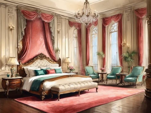Ein luxuriöses Hotelzimmer im Casa Andina Premium San Isidro in Lima, das elegant und stilvoll eingerichtet ist. Die Wände sind mit weißen Verzierungen dekoriert, während die Fenster mit roten Vorhängen geschmückt sind. In der Mitte steht ein großes, bequemes Bett mit einer sehenswerten Kopfteilgestaltung und Kissen in grünen und roten Farbtönen. Eine gepolsterte Ottomane liegt am Fußende des Bettes. Rechts und links vom Bett stehen kleine Nachttische mit Lampen. In der Ecke des Raumes befinden sich zwei stilvolle Sitzgelegenheiten in Türkis, ergänzt durch kleine Tische. Der Raum hat einen warmen Holzfußboden und große Fenster, die viel Tageslicht hereinlassen und einen Blick auf die Stadt bieten.