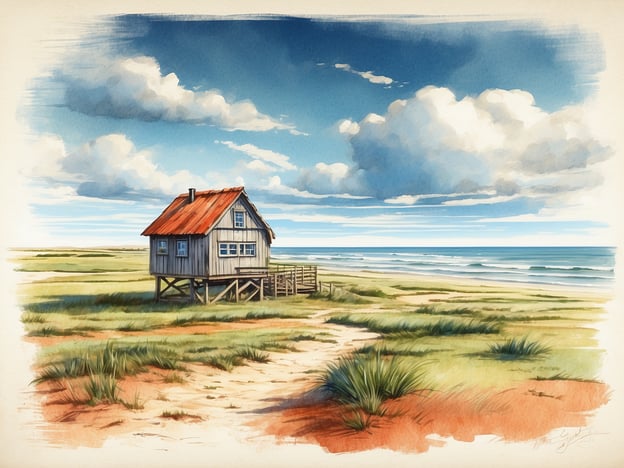 Das Bild zeigt eine malerische Küstenlandschaft, die an die Geschichte von Rantum erinnert. Hier könnte man sich vorstellen, wie ein kleines, charakteristisches Haus auf Stelzen direkt am Meer steht, umgeben von grasbewachsenen Dünen und dem weitläufigen Strand. Der Himmel ist klar und die Wolken ziehen sanft vorüber, während die Wellen sanft an die Küste schlagen.In der Erzählung von Rantum wird oft die enge Verbindung zwischen den Menschen und der Natur betont. Diese Szene könnte symbolisch für die Ruhe und den Frieden stehen, die die Bewohner und Besucher an diesem besonderen Ort erfahren. Es ist ein Platz voller Erinnerungen, wo Geschichte und Umgebung harmonisch miteinander verknüpft sind.