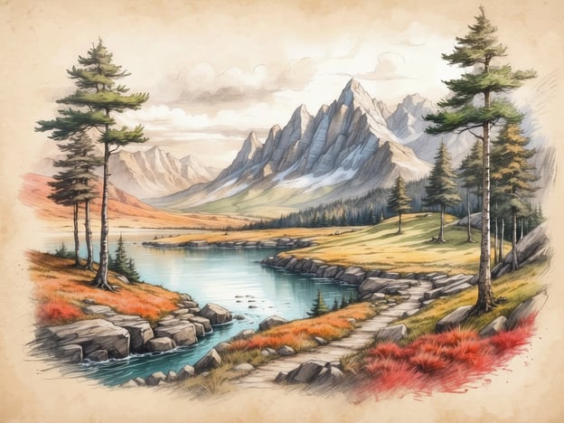 Auf dem Bild ist eine malerische Landschaft zu sehen, die von majestätischen Bergen und einem ruhigen Gewässer geprägt ist. Die sanften Wellen des Sees spiegeln die umgebenden Berge wider, während Nadelbäume und grüne Wiesen die Szenerie bereichern. Am Ufer des Gewässers befinden sich einige Felsen, die eine natürliche Struktur bilden.
Die Umgebung strahlt eine friedliche Atmosphäre aus und lädt zu verschiedenen Naturerlebnissen ein, wie zum Beispiel Wandern auf den Pfaden entlang des Wassers oder Beobachten von Wildtieren in ihrem natürlichen Lebensraum. Die Herbstfarben der Sträucher bringen zusätzliche Wärme in die Landschaft und schaffen eine harmonische Verbindung zwischen Wasser, Land und Himmel.