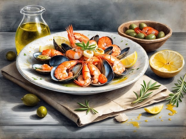 Auf dem Bild ist ein Teller mit einer Vielzahl von Meeresfrüchten zu sehen, darunter Garnelen und Muscheln, serviert mit Zitronenscheiben und Oliven. Dazu gehört ein Glas mit Olivenöl und eine Schüssel mit Oliven.
In Brenzone am Gardasee sind solche kulinarischen Highlights sehr beliebt. Es gibt viele Restaurants, die frische Meeresfrüchte anbieten, oft direkt aus dem Gardasee oder der Adriaküste. Die Kombination von frischen Zutaten, lokalem Olivenöl und aromatischen Kräutern wie Rosmarin verleiht den Gerichten einen besonderen Geschmack. Ein traditionelles Gericht, das man dort probieren sollte, ist „Spaghetti alle Vongole“ oder „Fritto Misto di Pesce“, die hervorragend zu einem Glas lokalem Wein passen.