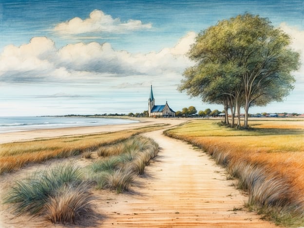 Auf dem Bild ist eine malerische Küstenlandschaft mit einem Sandweg, der zu einer Kirche führt, umgeben von Wiesen und Bäumen.In Rantum kann man viele Freizeitmöglichkeiten genießen, wie zum Beispiel:1. **Strandspaziergänge**: Entlang der schönen Strände kann man entspannte Spaziergänge unternehmen.2. **Wassersport**: Aktivitäten wie Windsurfen oder Kitesurfen sind sehr beliebt.3. **Radfahren**: Es gibt zahlreiche Radwege, die die Umgebung erkunden lassen.4. **Naturbeobachtungen**: Die einmalige Fauna und Flora der Dünen eignet sich hervorragend für Naturbeobachtungen.5. **Gastronomie**: In den lokalen Restaurants kann man fangfrische Meeresfrüchte genießen.Diese Aktivitäten bieten eine ideale Möglichkeit, die Natur und die frische Luft zu genießen.