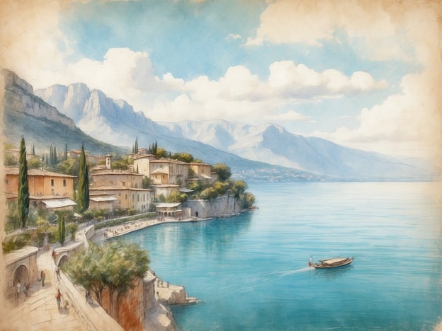 Auf dem Bild sieht man eine malerische Küstenlandschaft mit einem klaren blauen Wasser, umgeben von sanften Bergen und charmanten, historischen Gebäuden. Diese Szenerie erinnert an die schöne Umgebung des Gardasees, Italiens größten See, der bei Touristen sehr beliebt ist.Die Geschichte hinter dem Namen des Gardasees ist ebenfalls interessant. Der Name „Garda“ geht auf das alte Wort „garda“ zurück, was so viel wie „Wacht“ oder „Bewachung“ bedeutet. Dies bezieht sich auf die strategische Lage des Sees, der seit Jahrhunderten als wichtige Handels- und Verteidigungsstelle dient. Die Region um den See war schon lange besiedelt und zog viele Kulturen an, von den Römern bis zu den Deutschen. Der Gardasee ist somit nicht nur ein beliebtes Urlaubsziel, sondern auch ein Ort mit einer reichen Geschichte und atemberaubender natürlicher Schönheit.