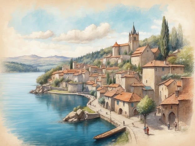 Auf dem Bild ist eine idyllische Landschaft zu sehen, die an die charmante Stadt Lazise am Gardasee in Italien erinnert. Lazise hat eine reiche Geschichte, die bis in die Römerzeit zurückreicht. Die Stadt war einst ein wichtiger Handelsplatz und ist heute bekannt für ihre malerische Altstadt mit engen Gassen, historischen Gebäuden und einem schönen Hafen.
Die Architektur der abgebildeten Stadt mit den markanten Türmen und den traditionellen Häusern spiegelt den historischen Charme wider, für den Lazise bekannt ist. Der klare, ruhige See im Vordergrund erinnert an die Schönheit des Gardasees, der Touristen aus aller Welt anzieht. Diese malerische Kulisse lädt zum Flanieren ein und bietet einen perfekten Blick auf die umliegenden Hügel und die Natur.