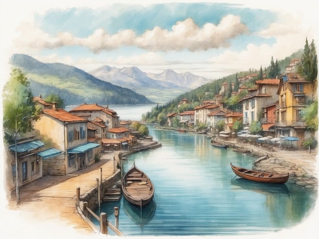 Auf dem Bild sieht man eine malerische Küstenlandschaft mit Häusern, die am Ufer eines ruhigen Gewässers stehen. Im Hintergrund sind sanfte Berge zu erkennen, während im Vordergrund mehrere Boote im Wasser schwimmen. Die Architektur der Häuser erinnert an traditionelle italienische Stilrichtungen, ähnlich wie in Limone sul Garda, das für seine beeindruckende Lage am Gardasee bekannt ist.Die Geschichte von Limone sul Garda ist geprägt von seiner Anbauregion für Zitronen, die bereits im 16. Jahrhundert begann. Diese charmante Stadt zieht Besucher mit ihren verwinkelten Gassen, bunten Häusern und atemberaubenden Ausblicken an. Die Kombination aus Berglandschaft und Wasser schafft eine idyllische Atmosphäre, die den Charme und die Schönheit dieser Region widerspiegelt.