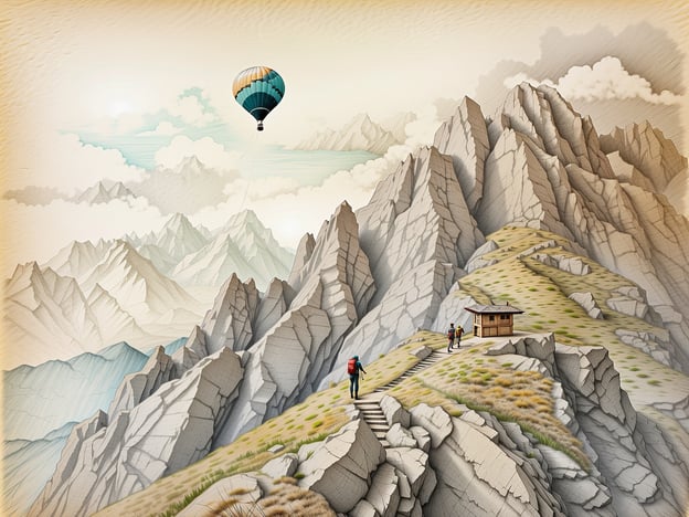 Auf dem Bild sind Aktivitäten am Monte Baldo zu sehen. Zwei Wanderer erkunden die beeindruckende Berglandschaft, während eine Heißluftballonfahrt über den Gipfeln stattfindet. Die Umgebung ist von steilen Felsen und sanften Hügeln geprägt, die viel Raum für Wanderungen und Naturerkundungen bieten. Die Kombination aus Wandern und Ballonfahren bietet eine tolle Möglichkeit, die atemberaubende Aussicht auf die Berge und die Landschaft zu genießen.