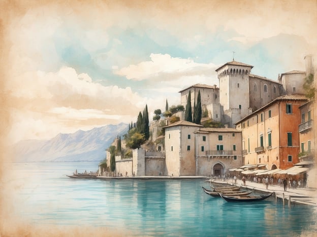 Auf dem Bild sieht man eine malerische Küstenlandschaft, die an Peschiera del Garda erinnert. Diese Stadt liegt am südlichen Ende des Gardasees in Italien und ist bekannt für ihre historische Altstadt und beeindruckenden Festungsanlagen.
Peschiera del Garda hat eine reiche Geschichte, die bis in die Römerzeit zurückreicht. Die Festungsstadt wurde strategisch platziert, um den Handel und die Verteidigung zu gewährleisten. Die umliegenden Berge und das klare Wasser des Gardasees schaffen eine wunderschöne Kulisse, die schon viele Künstler und Touristen angezogen hat.
Die Architektur auf dem Bild könnte die charakteristischen Gebäude der Altstadt darstellen, mit engen Gassen und charmanten Plätzen, die die historische Atmosphäre von Peschiera del Garda widerspiegeln. Die Boote im Wasser deuten auf die maritime Tradition dieser Region hin, die eng mit der Nutzung des Gardasees verbunden ist.