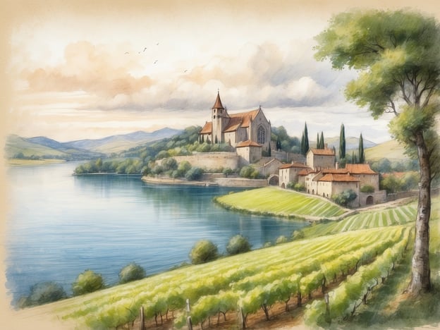 Auf dem Bild ist eine malerische Landschaft zu sehen, die von sanften Hügeln und einem ruhigen Gewässer geprägt ist. Im Vordergrund gibt es Weinreben, die auf den fruchtbaren Böden gedeihen. Im Hintergrund erhebt sich eine beeindruckende Kirche oder Kathedrale auf einem Hügel, umgeben von weiteren Gebäuden und Bäumen.
Diese Szenerie erinnert an Puegnago sul Garda, ein charmantes Dorf in der Nähe des Gardasees in Italien. Die Region hat eine reiche Geschichte, die bis in die Antike reicht. Puegnago war bekannt für seine landwirtschaftliche Produktion, insbesondere für Weinbau. Die Weinberge, die man sieht, könnten also Teil der traditionellen Landwirtschaft dieser Gegend sein, wo exquisite Weine produziert werden, die eng mit der lokalen Kultur verbunden sind. Solche Landschaften sind typisch für die Region, die Besucher mit ihrer natürlichen Schönheit und historischen Stätten anzieht.