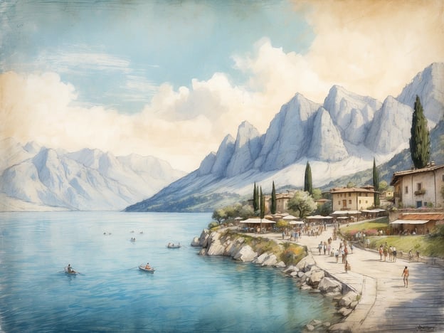 Auf dem Bild ist eine malerische Landschaft am Ufer des Gardasees zu sehen, umgeben von hohen Bergen. Die Szenerie wirkt einladend, mit mehreren Booten auf dem Wasser und Menschen, die am Ufer flanieren oder sich entspannen.
In Riva del Garda kann man ähnliche Aktivitäten genießen, wie z. B. Bootsfahrten auf dem See, Radfahren entlang der Uferpromenade oder Wanderungen in den umliegenden Bergen. Außerdem gibt es zahlreiche Cafés und Restaurants, in denen man die lokale Küche probieren kann. Der Ort bietet auch Möglichkeiten zum Klettern und Windsurfen, was perfekte Freizeitbeschäftigungen für Naturliebhaber sind.