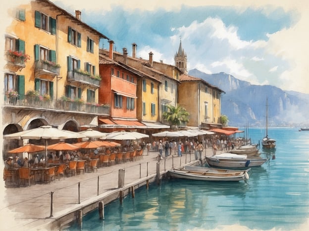 Auf dem Bild sieht man eine malerische Uferpromenade in Salò am Gardasee. Die bunten Gebäude mit Balkonen und Blumenschmuck schaffen eine einladende Atmosphäre, während die Sonnenschirme der Restaurants darauf hinweisen, dass viele Menschen dort sitzen und die Aussicht genießen.Aktivitäten, die man in Salò unternehmen kann, sind:1. **Spazieren an der Promenade**: Ideal, um die schöne Architektur und die Aussicht auf den See zu genießen.2. **Bootsfahrten**: Man kann Boote mieten oder an geführten Touren teilnehmen, um die Umgebung vom Wasser aus zu erkunden.3. **Essen und Trinken**: Die zahlreichen Cafés und Restaurants laden zum Verweilen und Genießen der lokalen Küche ein.4. **Besuch von Märkten**: In Salò gibt es häufig lokale Märkte, wo man regionale Produkte kaufen kann.5. **Kulturelle Sehenswürdigkeiten**: Besuchen Sie die historischen Kirchen und Museen, die interessante Einblicke in die Geschichte der Region bieten.