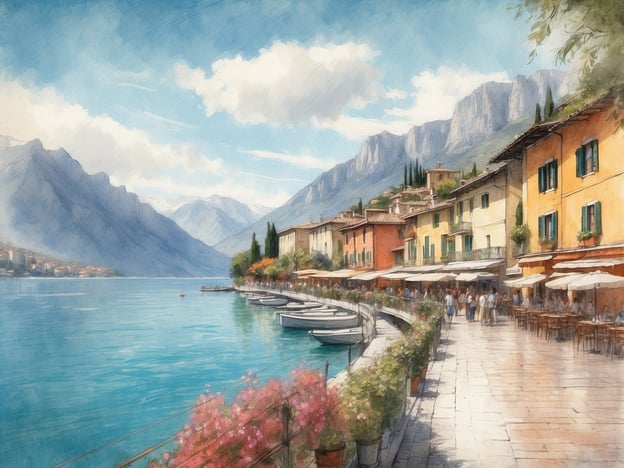 Auf dem Bild ist eine malerische Küstenlandschaft am Gardasee zu sehen, speziell in der Umgebung von Torbole-Nago. Diese Region ist bekannt für ihre atemberaubenden Ausblicke auf die umliegenden Berge und das klare, türkisfarbene Wasser des Sees.
Die Uferpromenade ist gesäumt von bunten Gebäuden mit typischen italienischen Fenstern und Terrassen, die zum Verweilen einladen. Einige Boote sind am Steg vertäut, was an die maritime Kultur der Gegend erinnert. Die blühenden Pflanzen und das lebhafte Treiben der Menschen verleihen der Szene eine einladende Atmosphäre.
Torbole ist historisch auch ein wichtiger Ort für Wassersport, insbesondere für Windsurfen und Segeln, was die natürliche Wind- und Wasserbedingungen des Sees widerspiegelt. Dieser Ort verbindet somit natürliche Schönheit mit sportlicher Aktivität und kulturellem Erbe.