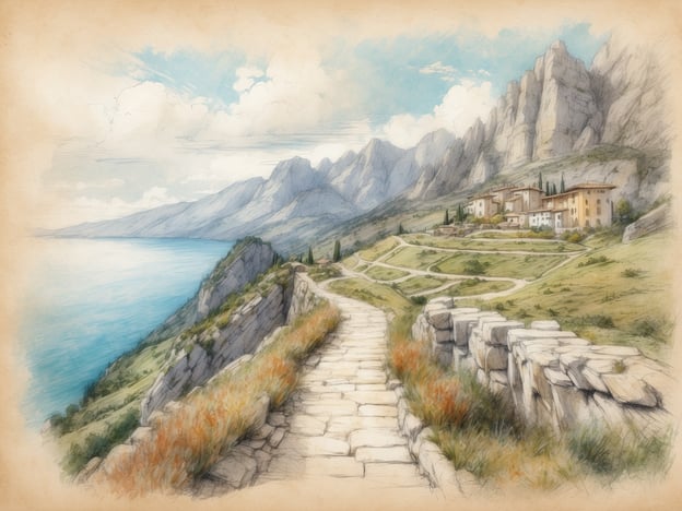Auf dem Bild ist eine malerische Landschaft mit einem Weg zu sehen, der entlang einer Klippe verläuft und vom atemberaubenden Blick auf den See und die umliegenden Berge umgeben ist. Diese Szenerie erinnert an die wunderschönen Aussichten, die man in Tremosine, Italien, genießen kann.In Tremosine gibt es zahlreiche Aktivitäten, die man unternehmen kann. Beispielsweise kann man wandern und die spektakulären Aussichtspunkte wie den „Strada della Forra“ erkunden, der für seine beeindruckenden Ausblicke bekannt ist. Radfahren entlang der Uferwege des Gardasees bietet ebenfalls tolle Möglichkeiten für Naturliebhaber. Die charmanten Dörfer Tremosines sind ideal für entspannte Spaziergänge, bei denen man die lokale Architektur und die Atmosphäre genießen kann.Zusätzlich gibt es Möglichkeiten zum Schwimmen und Segeln im Gardasee oder zum Probieren der regionalen Küche in den umliegenden Restaurants. Alles in allem bietet Tremosine eine perfekte Mischung aus Natur, Aktivitäten und Kultur.