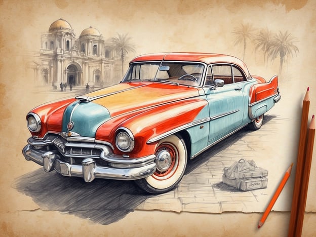 Auf dem Bild ist ein stilvoller, klassischer amerikanischer Oldtimer zu sehen, der in lebhaften Farben gehalten ist. Die Darstellung erinnert an die goldene Ära des Automobildesigns, als Fahrzeuge oft als Kunstwerke betrachtet wurden. Im Hintergrund erkennt man architektonische Elemente, die an historische Bauwerke erinnern, möglicherweise eine Kulturszene, die den Bezug zwischen Automobilgeschichte und städtischen Highlights verdeutlicht.
Diese Verbindung zwischen Automobilen und historischen Städten stellt einen wichtigen Teil der kulturellen Identität dar. Solche Fahrzeuge sind nicht nur technische Meisterwerke, sondern auch Symbole vergangener Epochen, in denen Stil und Eleganz eine große Rolle spielten. Sie tragen zur Atmosphäre und zum Erbe der Kultur bei, indem sie nostalgische Aspekte mit modernen städtischen Lebensstilen kombinieren.