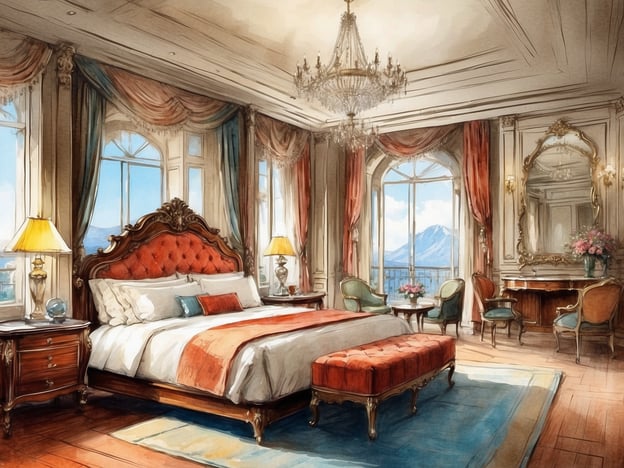 Auf dem Bild ist ein luxuriöses Schlafzimmer zu sehen, das den Charme von eleganten Unterkünften verkörpert. Das opulente Bett mit einer gepolsterten Kopfteil aus rotem Stoff zieht sofort die Blicke auf sich und ist von hochwertigen Kissen umgeben. Die Raumgestaltung wird durch üppige Vorhänge in sanften Farben und einen eleganten Kronleuchter ergänzt, der eine warme, einladende Beleuchtung schafft.Die Möbel sind geschmackvoll ausgewählt, mit kunstvollen Details und klassischen Formen. Besonders hervorzuheben ist der elegante Nachttisch und die gemütlichen Sessel, die eine perfekte Leseecke bilden. Die großen Fenster bieten nicht nur einen atemberaubenden Blick auf die Landschaft, sondern sorgen auch für viel natürliches Licht, das den Raum lebendig wirken lässt.Zusätzlich sind Elemente wie ein großer Spiegel und ein dekorativer Tisch mit frischen Blumen vorhanden, die das luxuriöse Ambiente abrunden und den Raum noch einladender machen. Alles in allem vermittelt das Bild eine Atmosphäre von Komfort und Stil, ideal für erholsame Aufenthalte in einem erstklassigen Hotel oder einer eleganten Residenz.