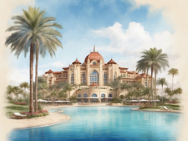 Das Bild zeigt eine beeindruckende Architektur, die an das Biltmore Hotel Villas in Dubai erinnert. Dieses Hotel liegt in der luxuriösen Umgebung von Dubai, einer Stadt bekannt für ihre opulente Lebensweise und beeindruckende Bauwerke.Die Biltmore Hotel Villas sind Teil eines gehobenen Resorts und bieten einen exquisiten Blick auf das Wasser, umgeben von tropischen Pflanzen und Palmen. Die Gestaltung kombiniert Elemente der arabischen Architektur mit modernen Annehmlichkeiten, was typisch für die vielen Luxushotels in Dubai ist.Die Lage ist strategisch günstig, in der Nähe von bedeutenden Sehenswürdigkeiten und Einkaufsmöglichkeiten, die Dubai zu einem beliebten Reiseziel machen. Das Hotel ist vor allem für seinen exzellenten Service und die exquisite Ausstattung bekannt und zieht sowohl Touristen als auch Geschäftsreisende an.