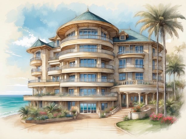 Auf dem Bild ist ein luxuriöses Hotel zu sehen, das direkt am Strand liegt. Es hat mehrere Etagen mit einem modernen und eleganten Design. Die Fassade ist hell, mit großen Fenstern, die viel Licht hereinlassen und einen schönen Blick auf das Meer bieten. Die Dachstruktur ist einzigartig und erinnert an asiatische Architekturstile.Um das Hotel herum gibt es üppige Pflanzen und Blumen, die eine einladende Atmosphäre schaffen. Palmen sind ebenfalls sichtbar und betonen die tropische Umgebung. Insgesamt wirkt das Hotel sehr ansprechend und eignet sich hervorragend für einen entspannten Urlaub am Meer.