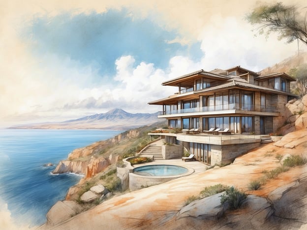 Auf dem Bild ist eine künstlerische Darstellung eines modernen, luxuriösen Hauses zu sehen, das an einer Klippe mit Blick auf das Meer erbaut ist. Das Gebäude hat große Fenster und eine Terrasse mit einem kleinen Pool, umgeben von einer malerischen Landschaft.Das Copthorne Downtown Abu Dhabi ist ein elegantes Hotel, das eine wunderbare Lage im Stadtzentrum von Abu Dhabi bietet. Es ist bekannt für seinen komfortablen Service, stilvolle Zimmer und verschiedene Annehmlichkeiten, darunter Restaurants und Konferenzeinrichtungen. Gäste können die Nähe zu vielen Sehenswürdigkeiten der Stadt genießen.
