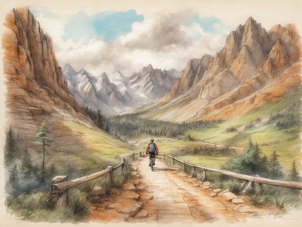 Auf dem Bild ist eine malerische Landschaft mit hohen Bergen und einer Wander- oder Radfahrer-Route zu sehen. Ein Radfahrer bewegt sich auf einem gepflasterten Weg, umgeben von grünen Wiesen und bewaldeten Bereichen.In der Nähe solcher Landschaften gibt es oft vielfältige Freizeit- und Unterhaltungsmöglichkeiten. Dazu gehören:1. **Wanderwege**: Gut markierte Trails für verschiedene Schwierigkeitsgrade, perfekt zum Wandern und Erkunden der Natur.2. **Radfahrstrecken**: Spezielle Radwege, die sowohl für Mountainbiker als auch für entspannte Radtouren geeignet sind.3. **Picknickplätze**: Schöne Orte, um eine Pause einzulegen und die Aussicht zu genießen.4. **Naturführungen**: Organisierte Touren, die von lokalen Guides angeboten werden, um mehr über die Flora und Fauna der Region zu erfahren.5. **Winteraktivitäten**: In schneebedeckten Gebieten gibt es häufig Skifahren, Snowboarden und Snowshoeing.Diese Möglichkeiten tragen dazu bei, die Naturschönheit in vollen Zügen zu genießen.