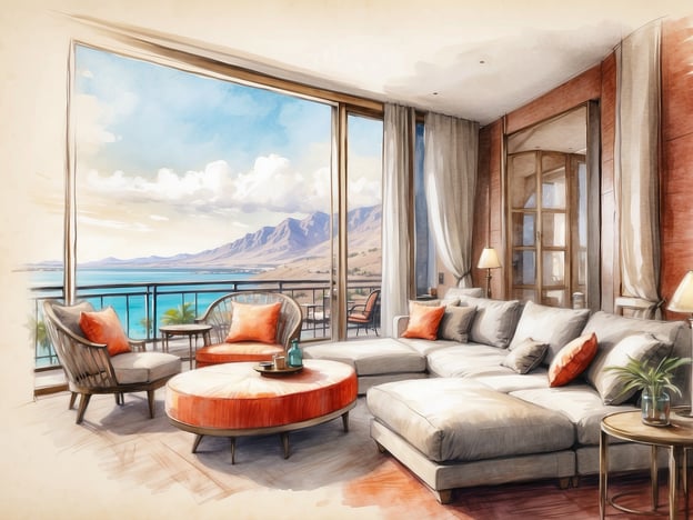 Auf dem Bild ist eine stilvolle und helle Hotel-Suite oder ein Apartment zu sehen. Der Raum ist modern und gemütlich eingerichtet, mit einem großen Sofa, eleganten Stühlen und einem runden Tisch. Durch große Fenster bietet sich ein wunderschöner Ausblick auf das Wasser und die Berge im Hintergrund.Das Copthorne Hotel & Apartments ist bekannt für seine komfortablen Unterkünfte und erstklassigen Annehmlichkeiten. Es bietet Gästen eine entspannende Atmosphäre, ideal für Geschäftsreisende und Urlauber. Häufige Merkmale sind luxuriöse Suiten, ein freundlicher Service und eine attraktive Lage.