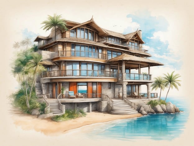 Auf dem Bild ist eine wunderschöne Strandvilla zu sehen, die mit vielen Fenstern und einem modernen Design beeindruckt. Die Unterkunft könnte in verschiedene Zimmerkategorien unterteilt sein, wie zum Beispiel:1. **Deluxe-Suiten**: Geräumige Zimmer mit Balkon und Meerblick.2. **Familienzimmer**: Mit mehreren Schlafgelegenheiten, ideal für Familienurlaube.3. **Luxus-Appartements**: Selbstversorger-Einheiten mit voll ausgestatteter Küche und Wohnbereich.4. **Zweibettzimmer**: Entspanntes Ambiente für Freunde oder Paare.Zusätzlich bietet die Unterkunft Optionen wie einen Außenpool, eine Terrasse zum Entspannen sowie direkten Zugang zum Strand. Die umgebende tropische Vegetation sorgt für eine entspannte Urlaubsatmosphäre.