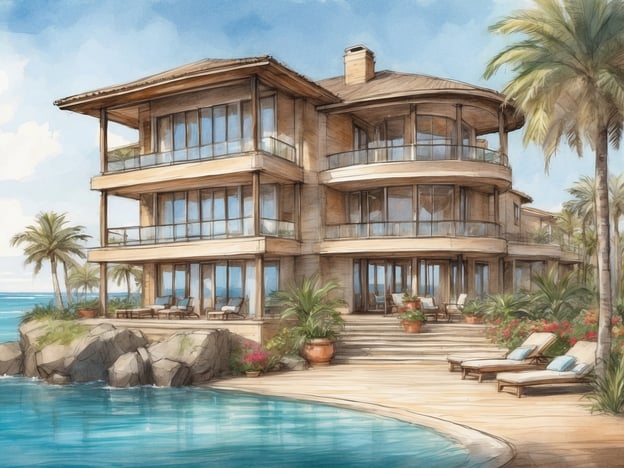 Auf dem Bild ist eine malerische Villa zu sehen, umgeben von Palmen und einem Pool, der an das Wasser grenzt. Die Architektur ist modern und offen gestaltet, mit großen Fenstern, die einen Blick auf die Umgebung ermöglichen. Die Terrasse ist mit Liegen und Sitzgelegenheiten zum Entspannen ausgestattet. Der gesamte Anblick vermittelt ein Gefühl von Urlaub und Luxus.Das Copthorne Hotel & Resort ist in vielen Regionen bekannt und bietet eine Kombination aus komfortablen Unterkünften und erstklassigen Annehmlichkeiten. Es liegt oft in malerischen Küstengebieten oder in der Nähe von Naturattraktionen und bietet Gästen die Möglichkeit, sich zu entspannen, Freizeitaktivitäten nachzugehen und die Umgebung zu erkunden.