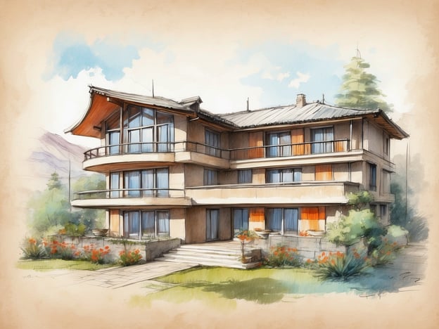 Auf dem Bild ist eine künstlerische Skizze eines Gebäudes zu sehen, das architektonisch ansprechend gestaltet ist, mit großen Fenstern und einem markanten Dach. Es könnte sich um ein modernes Hotel oder eine Residenz handeln, die von einer grünen Umgebung umgeben ist.Das Copthorne Hotel Aberdeen ist ein modernes Hotel in Schottland, bekannt für seine zentrale Lage und komfortable Unterkünfte. Es bietet zahlreiche Annehmlichkeiten, darunter ein Restaurant, Tagungsräume und Fitnessangebote. Die Zimmer sind gut ausgestattet und bieten eine angenehme Atmosphäre für Gäste, die die Stadt und ihre Sehenswürdigkeiten erkunden möchten.