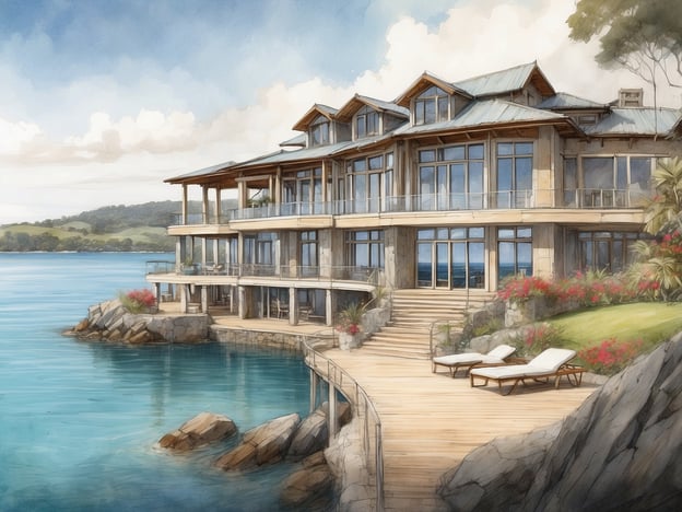 Auf dem Bild ist eine malerische Ansicht eines modernen Hauses oder Resorts am Wasser zu sehen. Die Architektur zeichnet sich durch große Fenster und eine Holzverkleidung aus, die sich harmonisch in die natürliche Umgebung einfügt.Das Copthorne Hotel and Resort Bay of Islands liegt in Neuseeland und bietet eine atemberaubende Aussicht auf die Bay of Islands. Es ist bekannt für seine stilvolle Unterkunft, die erstklassigen Annehmlichkeiten und die Nähe zu vielfältigen Freizeitaktivitäten wie Wassersport, Wandern und Golf. Die Umgebung ist von natürlicher Schönheit geprägt, mit angenehmem Klima und einer reichen Tier- und Pflanzenwelt, was es zu einem beliebten Ziel für Reisende macht.