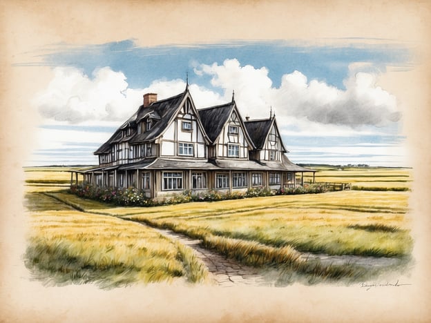 Das Bild zeigt ein großes, traditionelles Haus, das umgeben ist von weitläufigen Feldern. Die Architektur erinnert an die typischen Friesenhäuser, die in Regionen wie Tinnum auf der Insel Sylt zu finden sind. Diese Gebäude sind oft mit charakteristischen Dachformen und Holzverzierungen gestaltet und spiegeln die elegante, maritime Bauweise der Region wider.In der Geschichte von Tinnum spielt das Zusammenspiel von Natur, Geschichte und menschlichem Leben eine wesentliche Rolle. Das Haus könnte ein Beispiel für die idyllische Lebensweise der Bewohner sein, die in Harmonie mit der umgebenden Landschaft leben. Die weiten Felder und der Himmel im Hintergrund verleihen dem Bild eine ruhige und friedliche Atmosphäre, die typisch für das Leben auf dem Land ist.