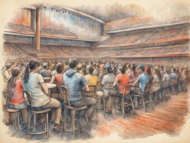 Auf dem Bild ist eine große Menschenmenge in einem Veranstaltungsort zu sehen, die auf eine Bühne schaut. Die Zuschauer sitzen auf Stühlen und scheinen auf eine Vorstellung oder ein Konzert zu warten.In der Nähe solcher Veranstaltungen finden häufig Konzerte, Comedy-Shows oder Sportevents statt. Man könnte auch spezielle Festivals oder open-air Konzerte in der Umgebung entdecken, je nach Jahreszeit und Anlass.